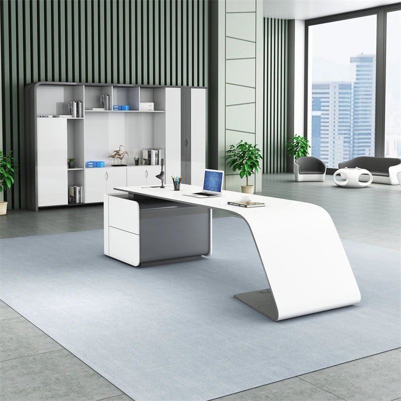 Nordic Style Modern I-Shape Executive CEO Computer Desk Full Office Business Set in Glossy Pink White MDF Furniture