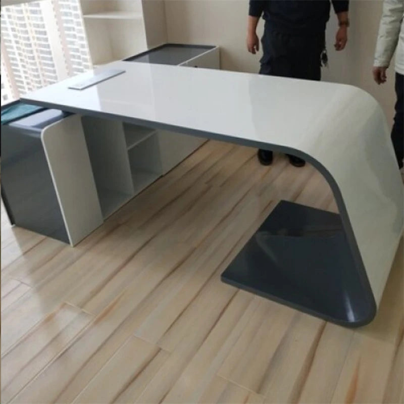 Nordic Style Modern I-Shape Executive CEO Computer Desk Full Office Business Set in Glossy Pink White MDF Furniture