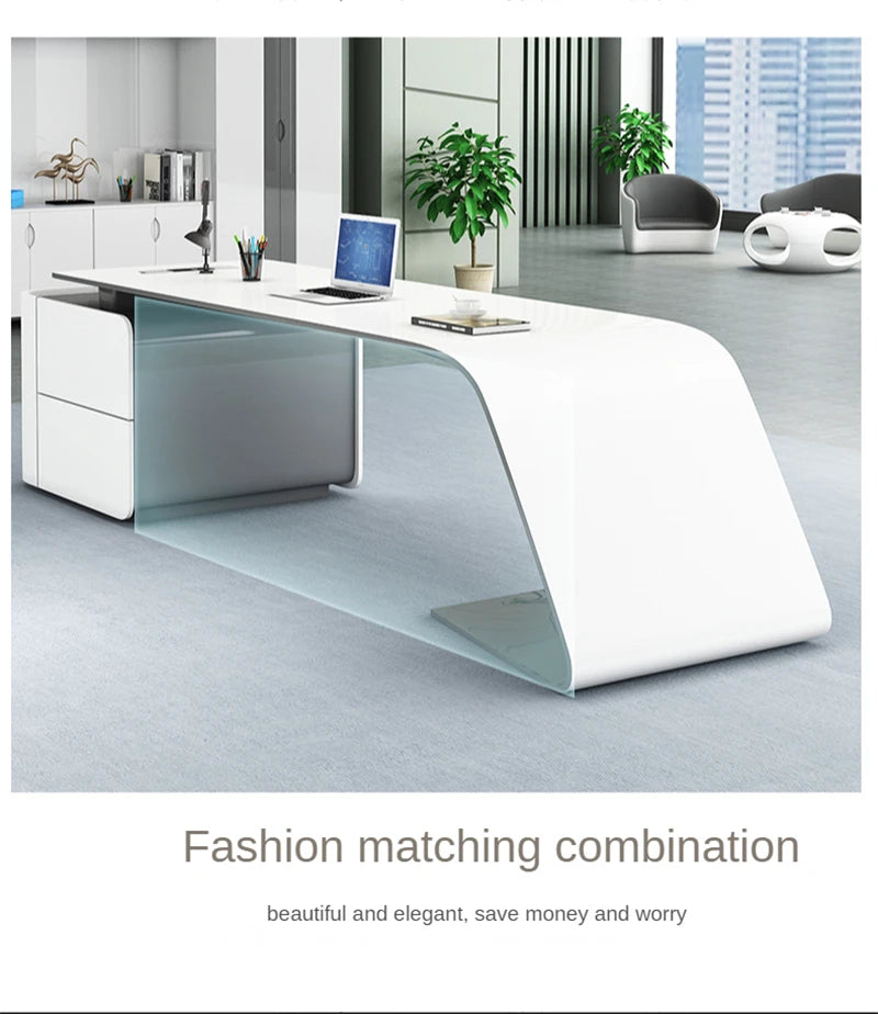 Nordic Style Modern I-Shape Executive CEO Computer Desk Full Office Business Set in Glossy Pink White MDF Furniture