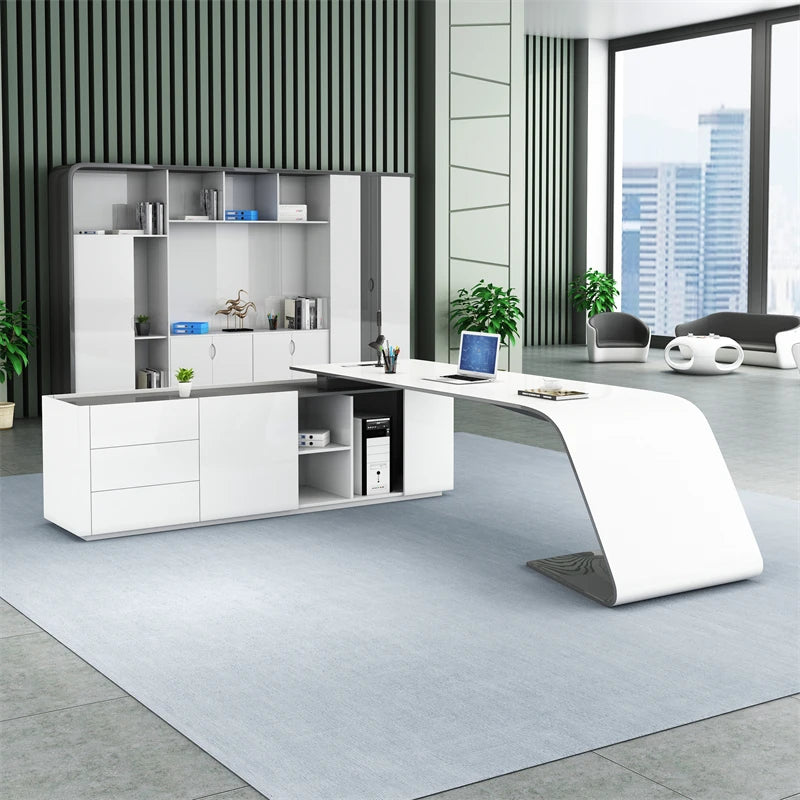 Nordic Style Modern I-Shape Executive CEO Computer Desk Full Office Business Set in Glossy Pink White MDF Furniture