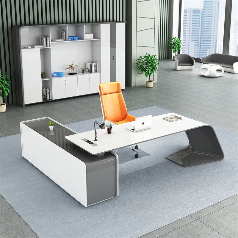 Nordic Style Modern I-Shape Executive CEO Computer Desk Full Office Business Set in Glossy Pink White MDF Furniture
