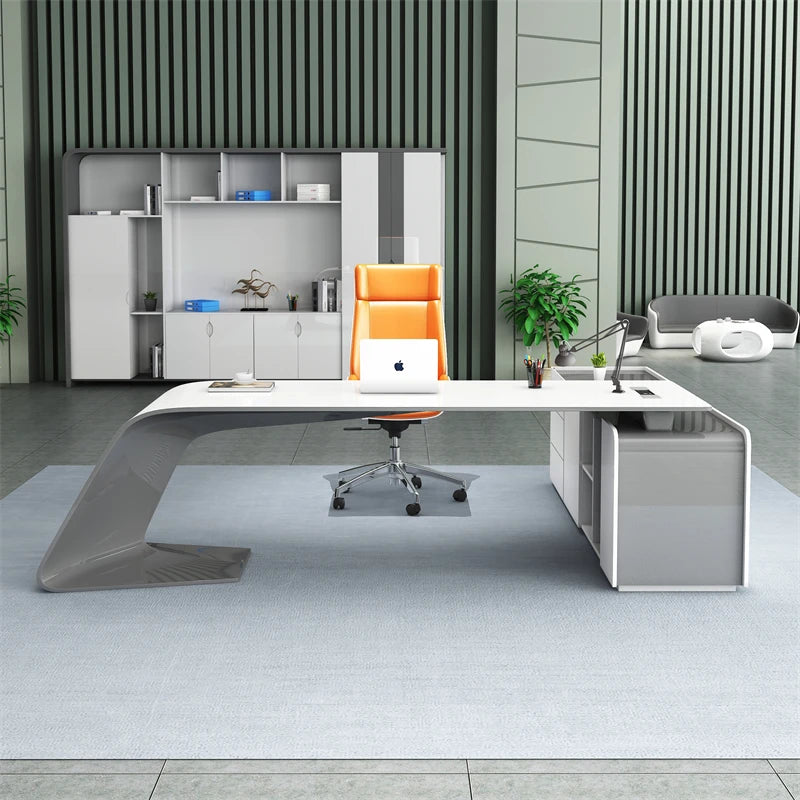 Nordic Style Modern I-Shape Executive CEO Computer Desk Full Office Business Set in Glossy Pink White MDF Furniture